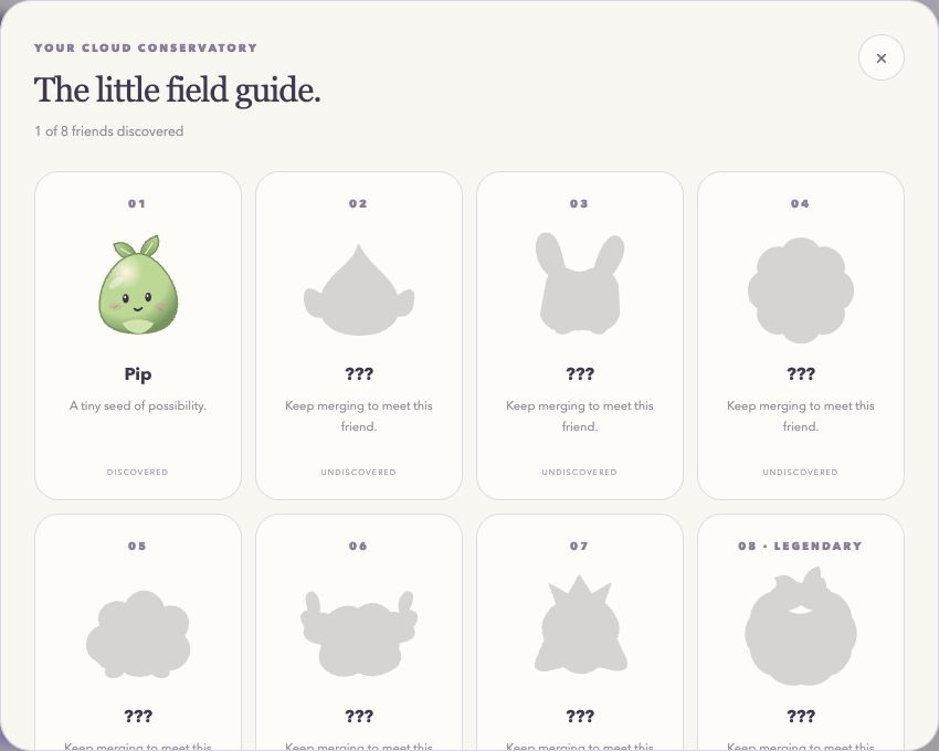 The Orbuddle field guide showing Pip and seven undiscovered silhouettes